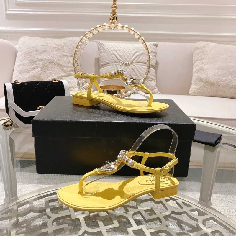 Ch*el lambskin metal diamanté & imitation pearls sandals yellow