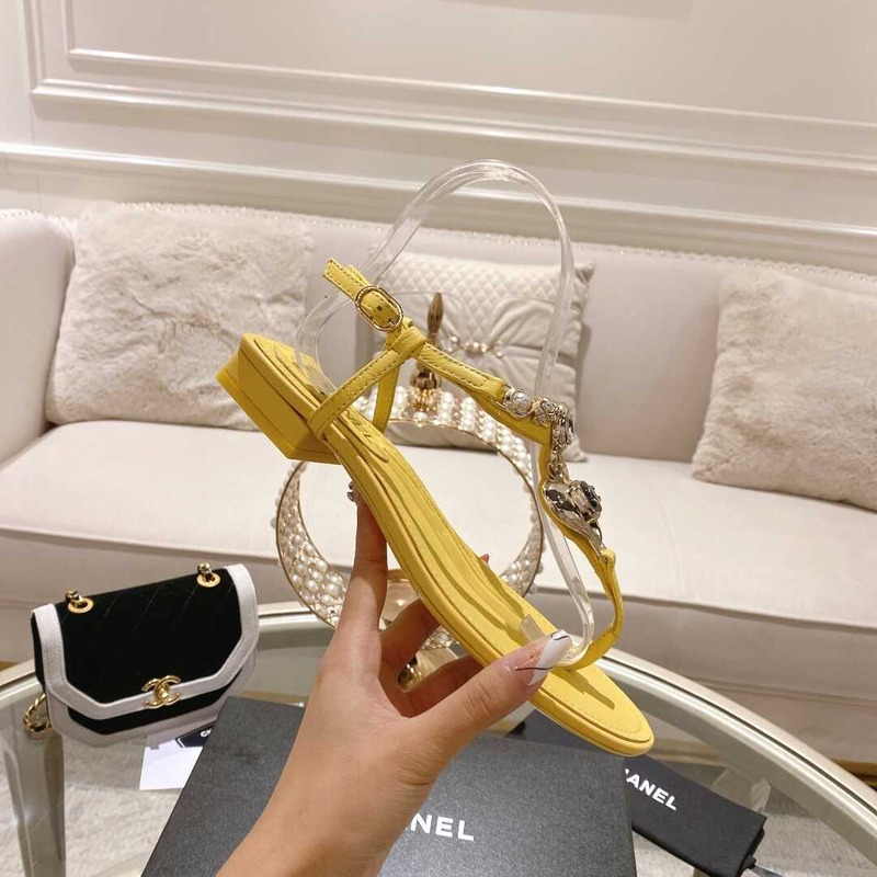 Ch*el lambskin metal diamanté & imitation pearls sandals yellow