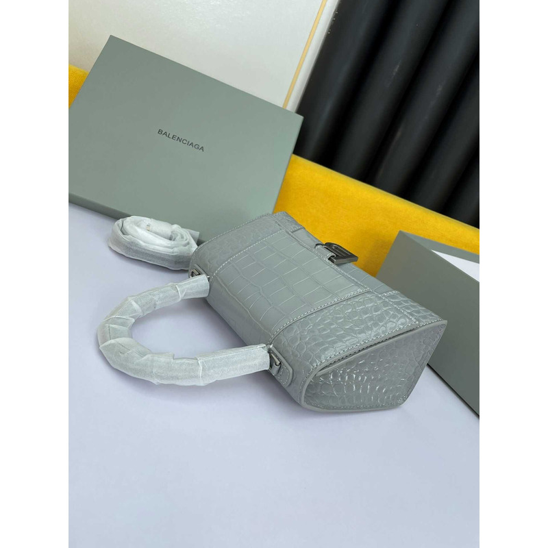 Ba*len*cia*ga  hourglass s bag in crocodile-effect leather gray