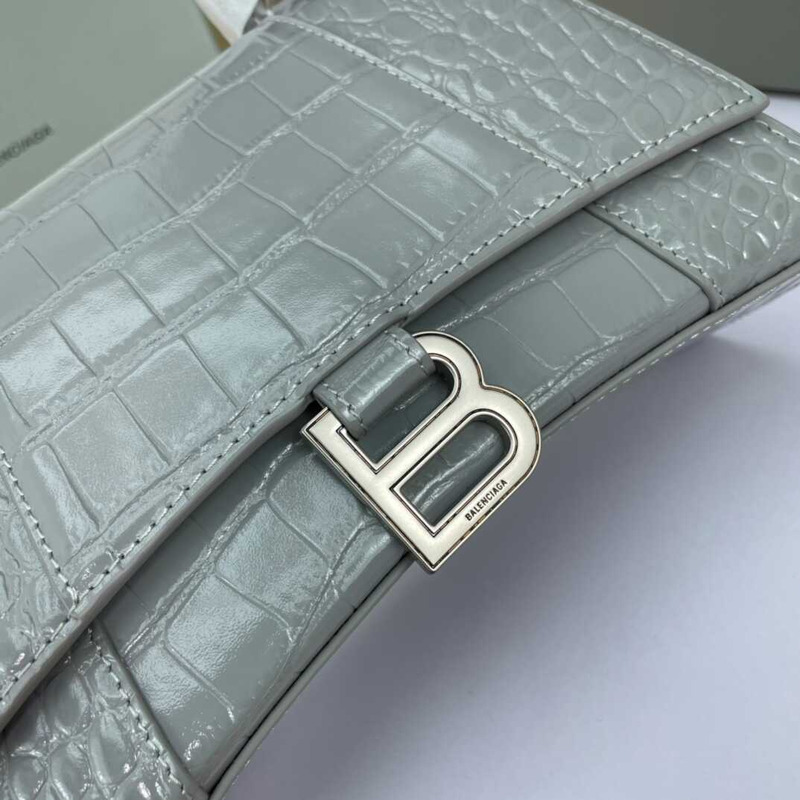 Ba*len*cia*ga  hourglass s bag in crocodile-effect leather gray