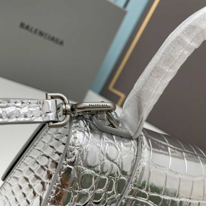 Ba*len*cia*ga sliver  croco embossed leather small hourglass handbag