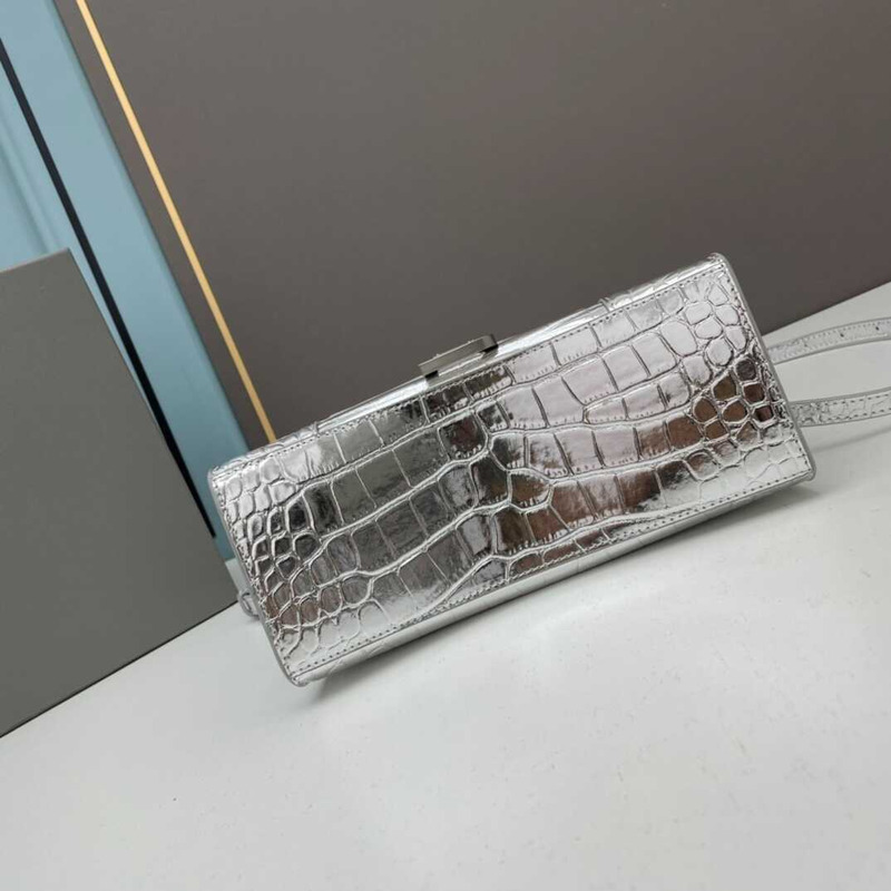 Ba*len*cia*ga sliver  croco embossed leather small hourglass handbag