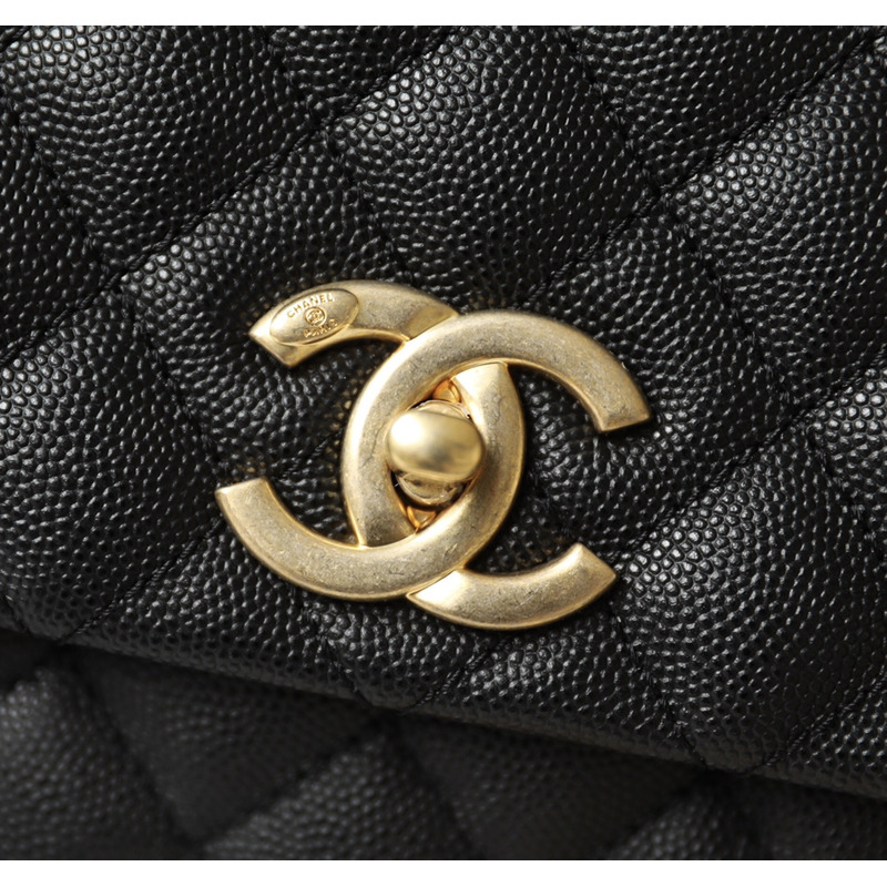 Ch*el coco handle flap quilted caviar aged gold-tone small black