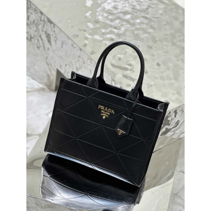 Pra*a medium leather handbag with topstitching black