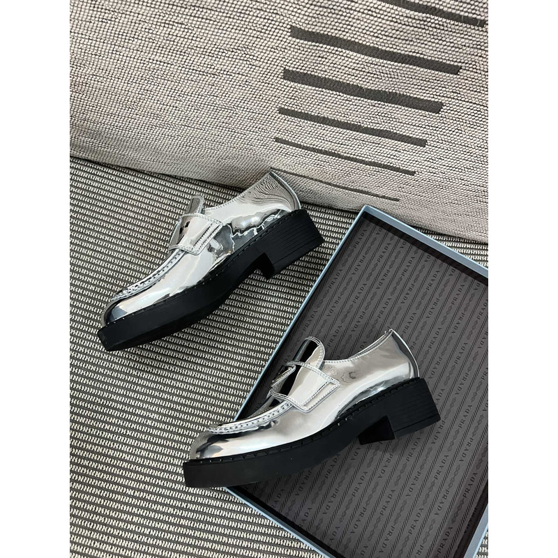 Pra*a triangle logo metallic loafers silver