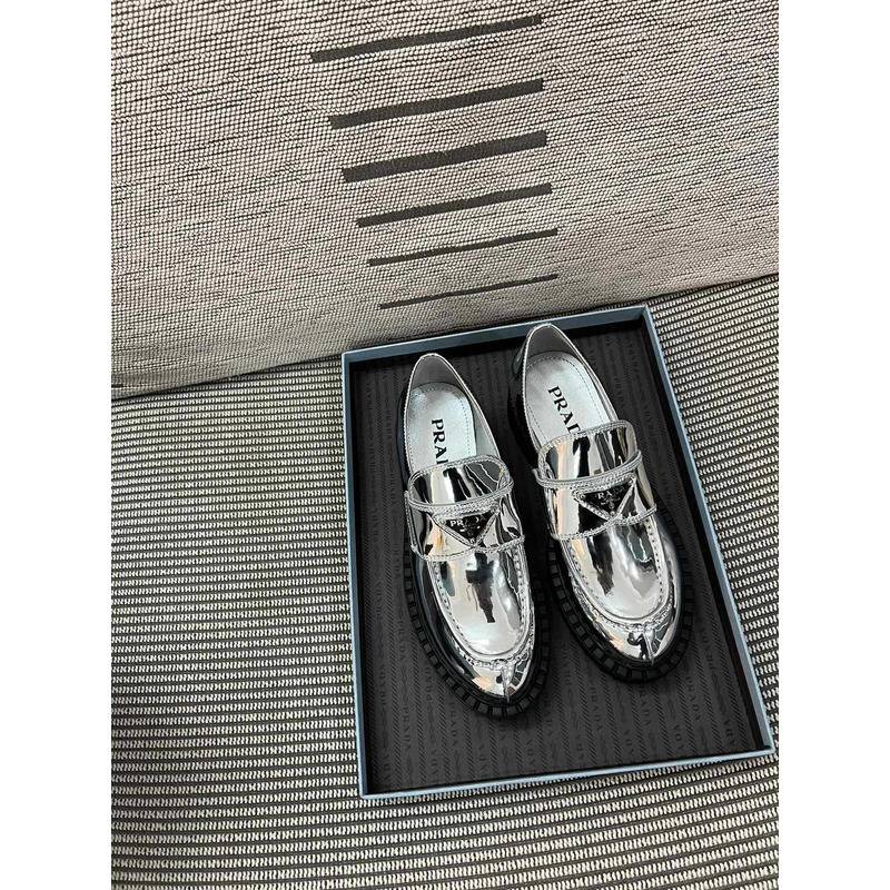 Pra*a triangle logo metallic loafers silver