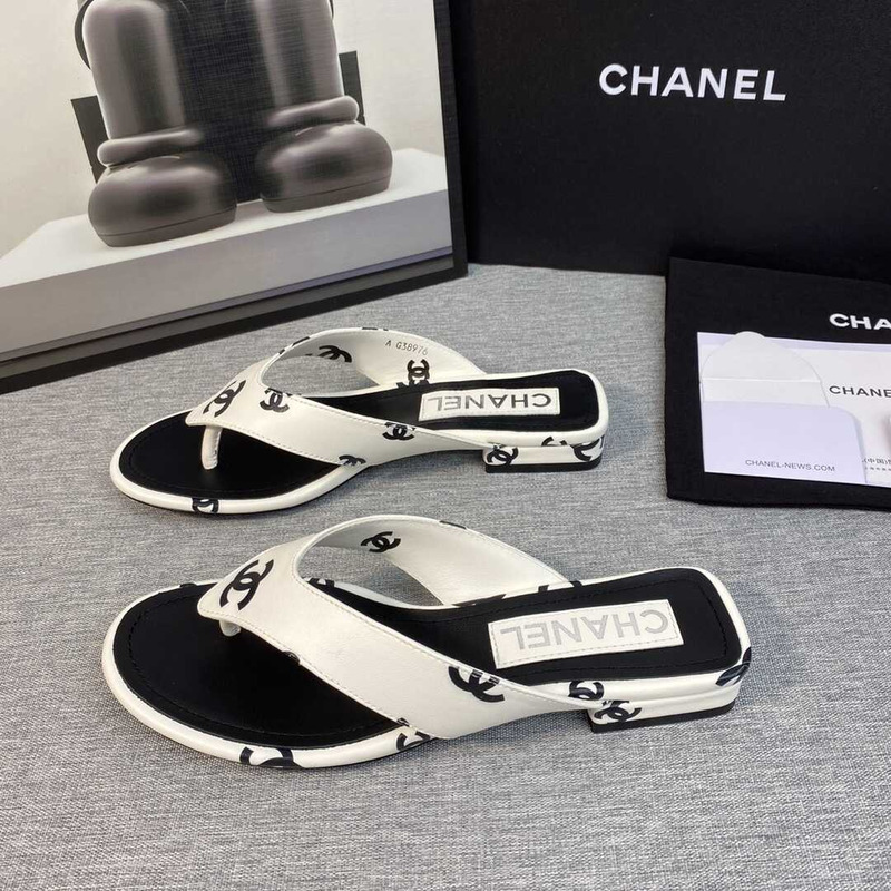 Ch*el leather flip flops sandals white