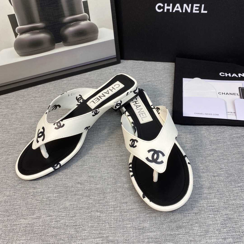 Ch*el leather flip flops sandals white