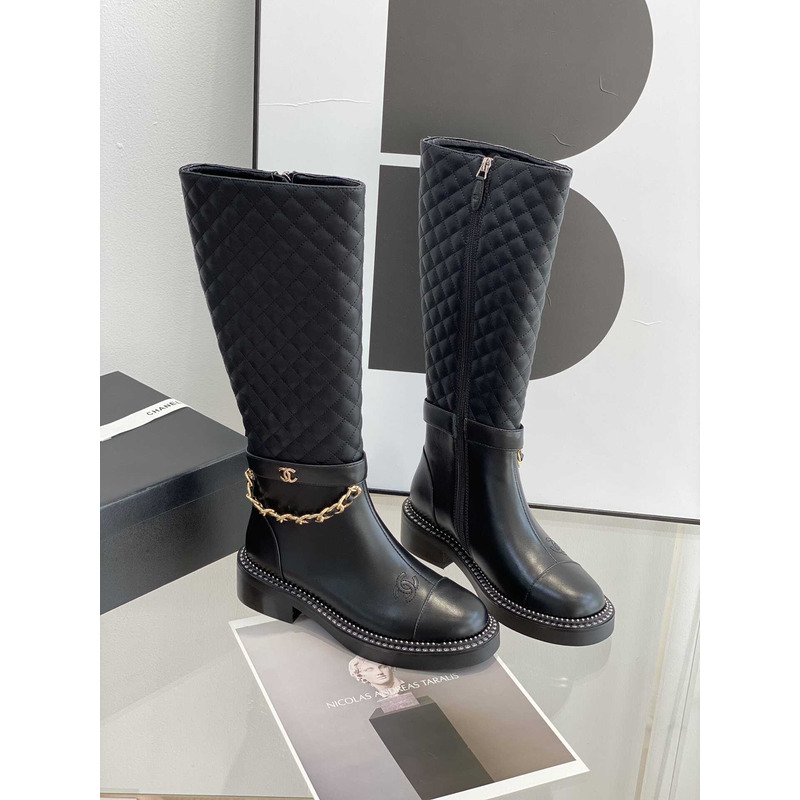 Ch*el calfskin quilted riding boots black