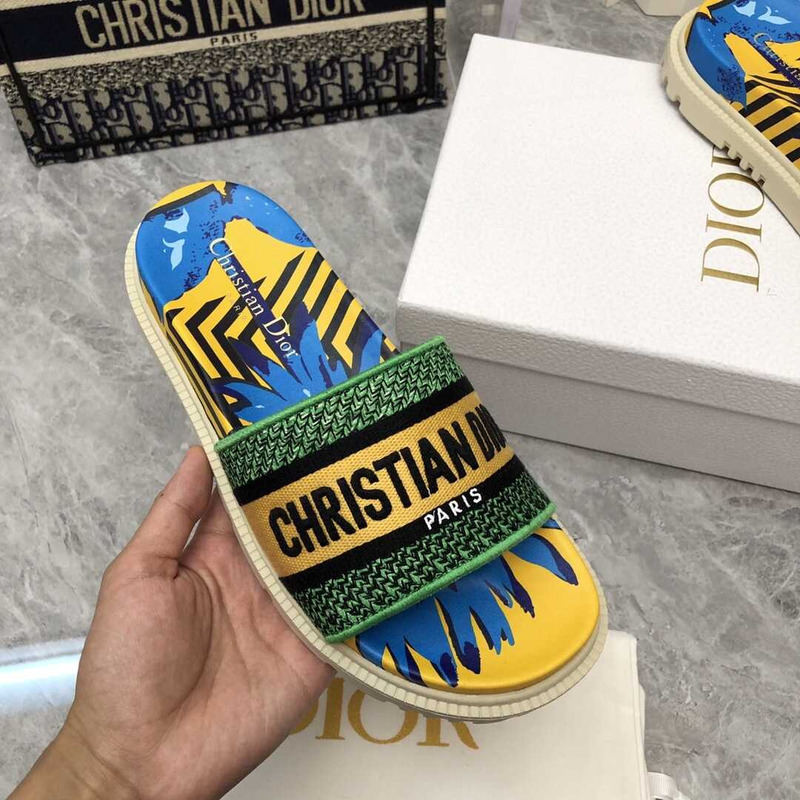 D*or dway slides toile de jouy reverse embroidered cotton green&blue