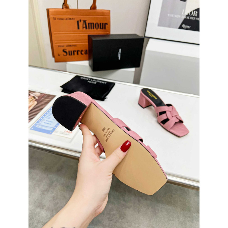 Saint Laurent Tribute Denim Mid-heel Mule Shoes Pink