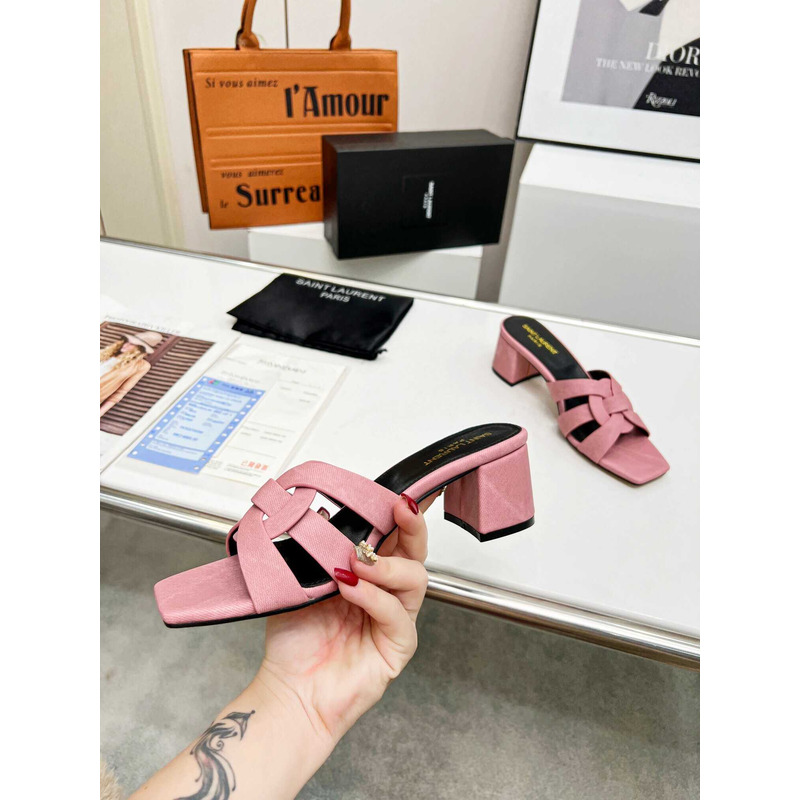 Saint Laurent Tribute Denim Mid-heel Mule Shoes Pink