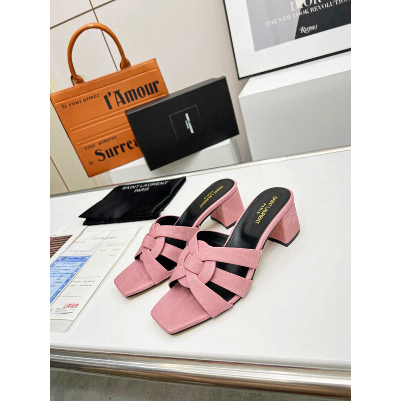 Saint Laurent Tribute Denim Mid-heel Mule Shoes Pink