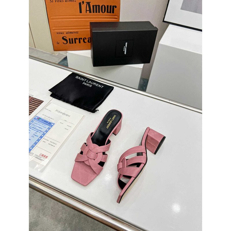 Saint Laurent Tribute Denim Mid-heel Mule Shoes Pink