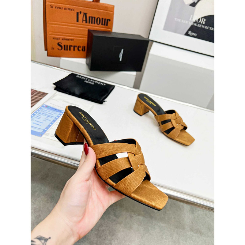 Saint Laurent Tribute Denim Mid-heel Mule Shoes Brown