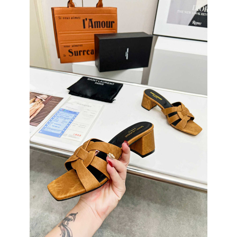 Saint Laurent Tribute Denim Mid-heel Mule Shoes Brown