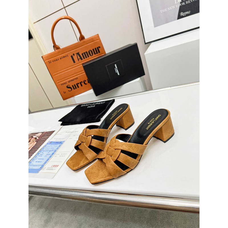 Saint Laurent Tribute Denim Mid-heel Mule Shoes Brown