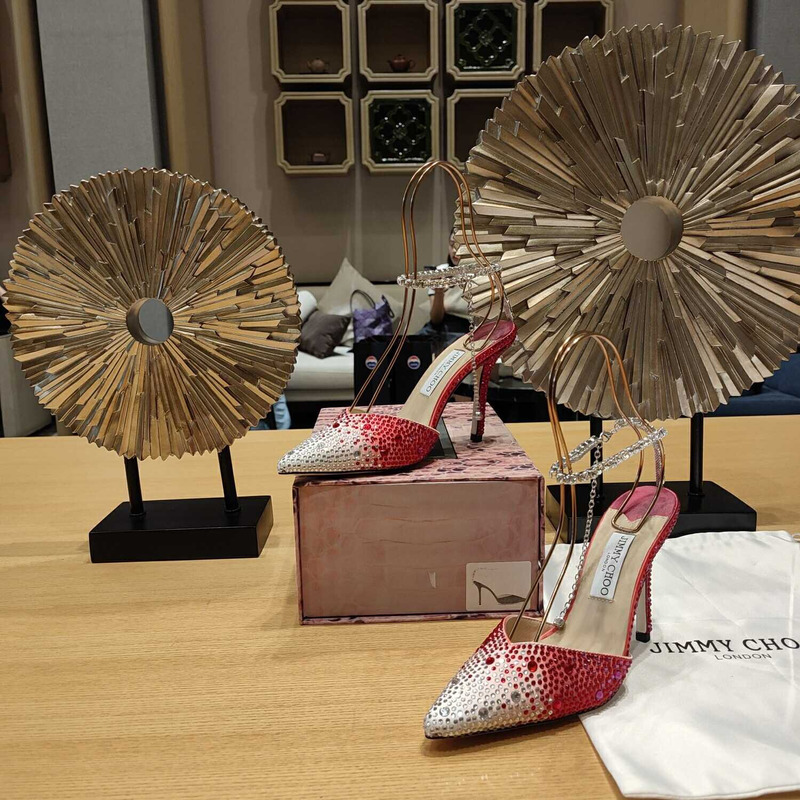 Jimmy Choo Saeda 100 Glitter Plexi & Leather Pump Red And White