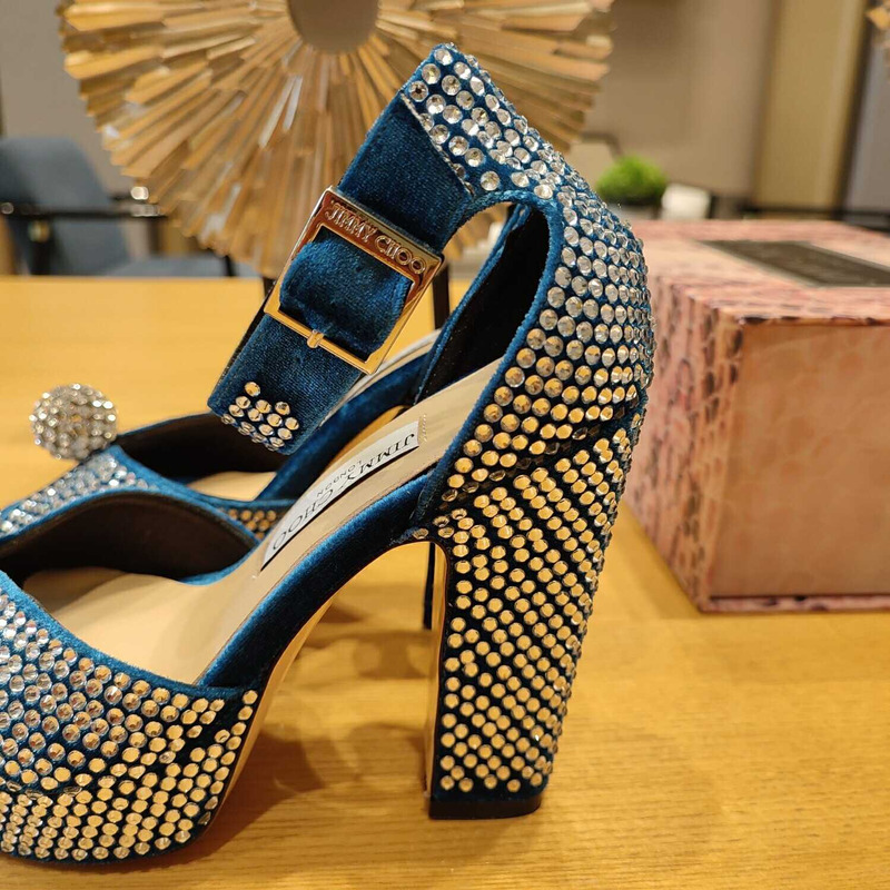 Jimmy Choo Socorie 120 Malibu Honeycomb Crystal Platform Sandals Blue
