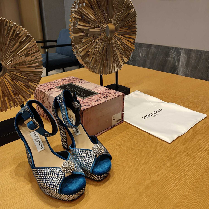 Jimmy Choo Socorie 120 Malibu Honeycomb Crystal Platform Sandals Blue
