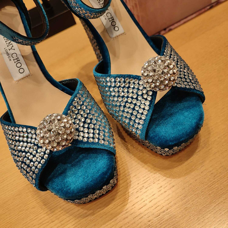 Jimmy Choo Socorie 120 Malibu Honeycomb Crystal Platform Sandals Blue