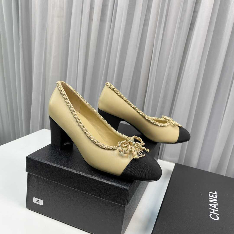 Ch*el ballerina mid heels beige and black