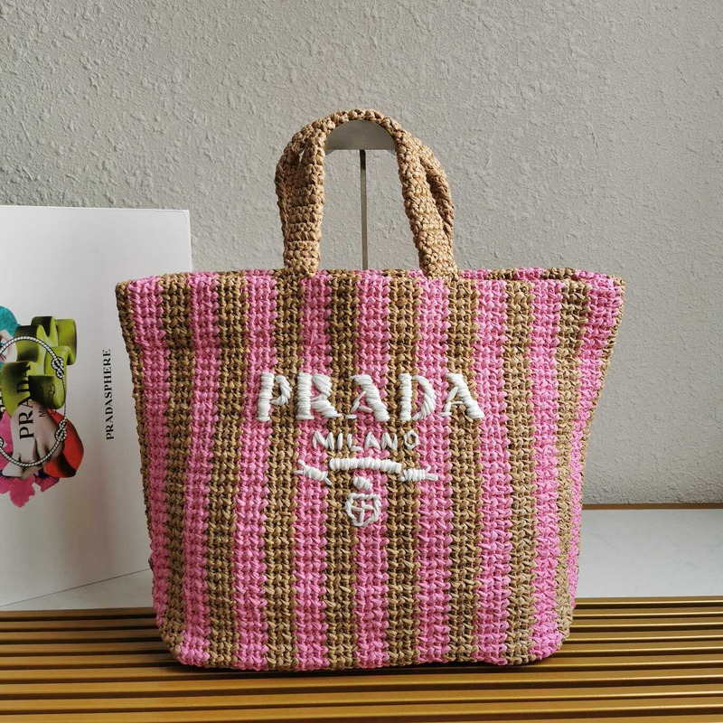 Pra*a large raffia tote bag tan/pink