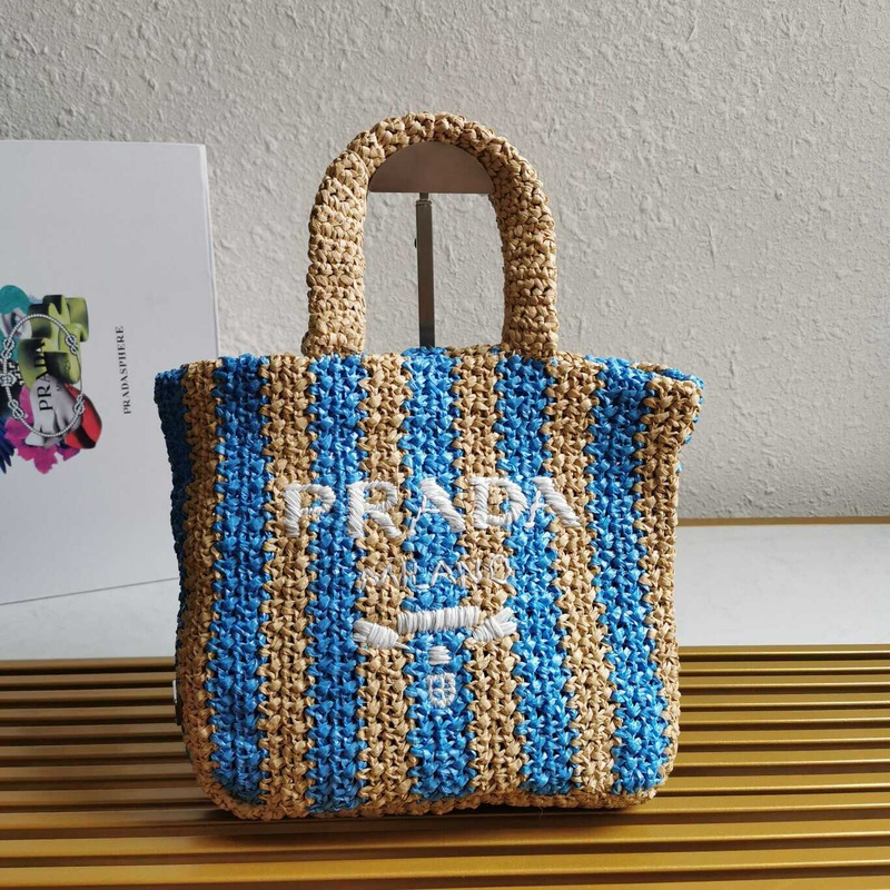 Pra*a large raffia tote bag tan/blue