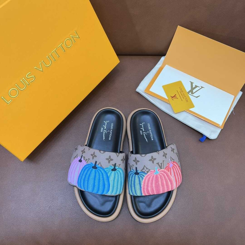 l**is V*t*n yayoi kusama pumpkin series slippers brown