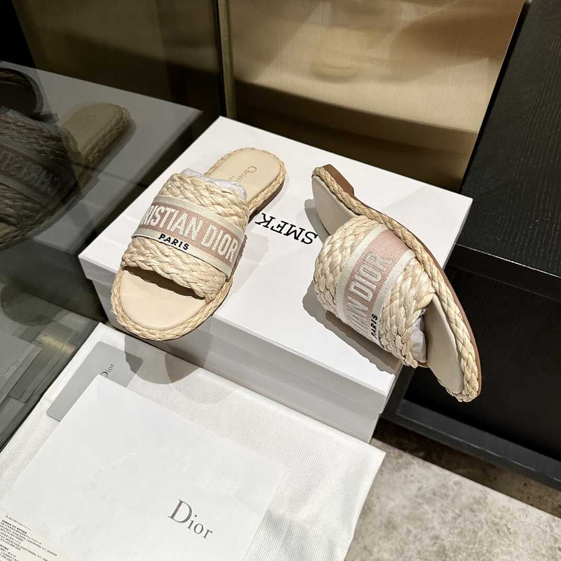 D*or dway slide jute-colored embroidered raffia and cotton beige