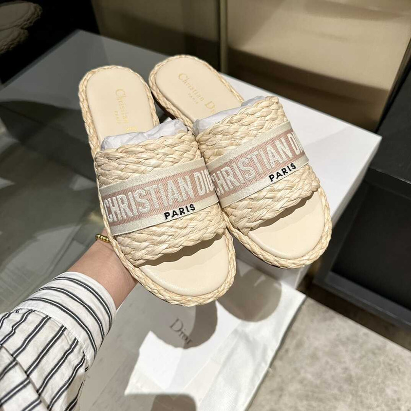 D*or dway slide jute-colored embroidered raffia and cotton beige