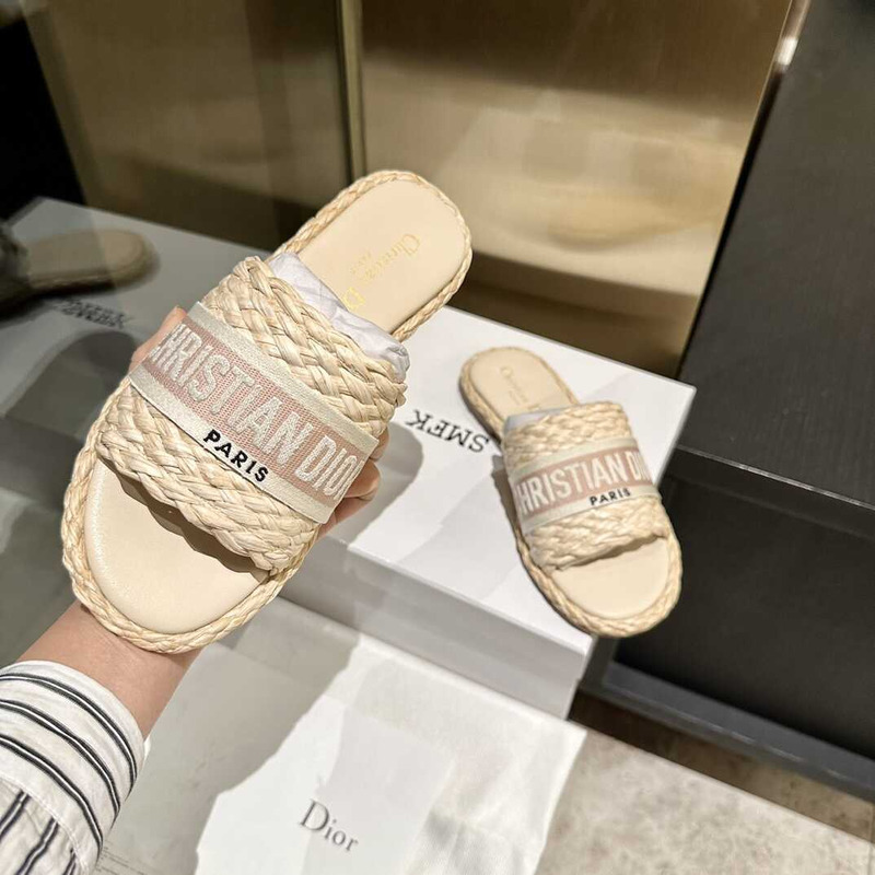 D*or dway slide jute-colored embroidered raffia and cotton beige