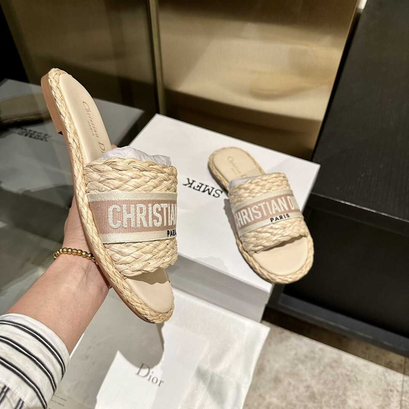 D*or dway slide jute-colored embroidered raffia and cotton beige