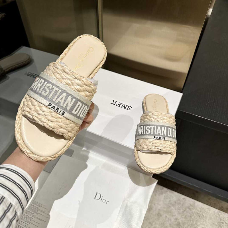 D*or dway slide jute-colored embroidered raffia and cotton gray