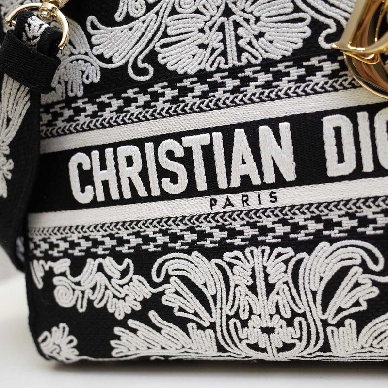 D*or medium lady d-lite bag black and white ornamental cornely-effect embroidery
