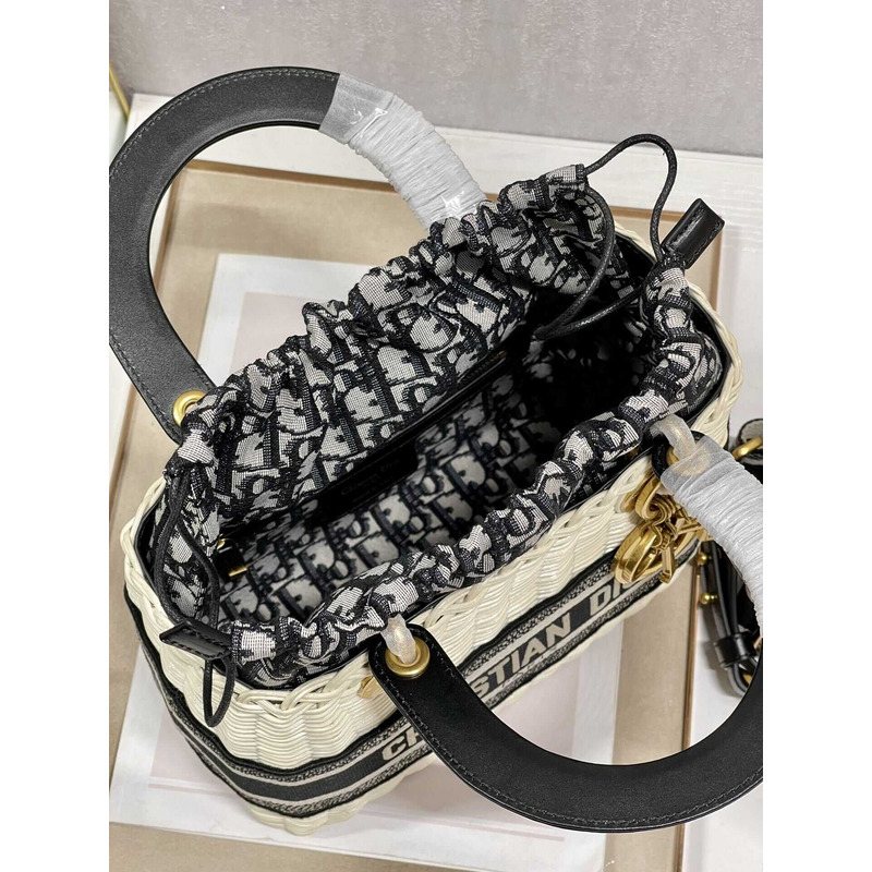 D*or medium lady D*or bag natural wicker and blue D*or oblique jacquard