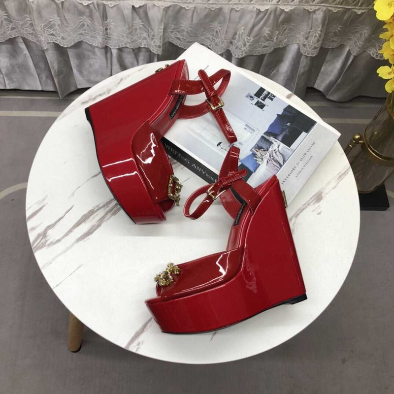 Dolce & Gabbana Patent Leather Wedge Sandals Dark Red