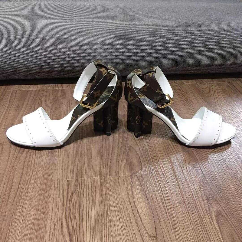 Monogram Casual Style Plain Leather Block Heels Party Style White