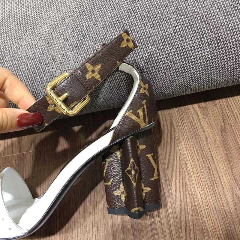 Monogram Casual Style Plain Leather Block Heels Party Style White