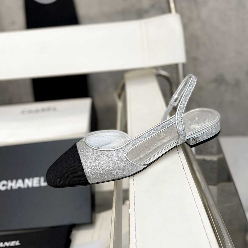 Ch*el strass 20mm slingbacks silver black grosgrain