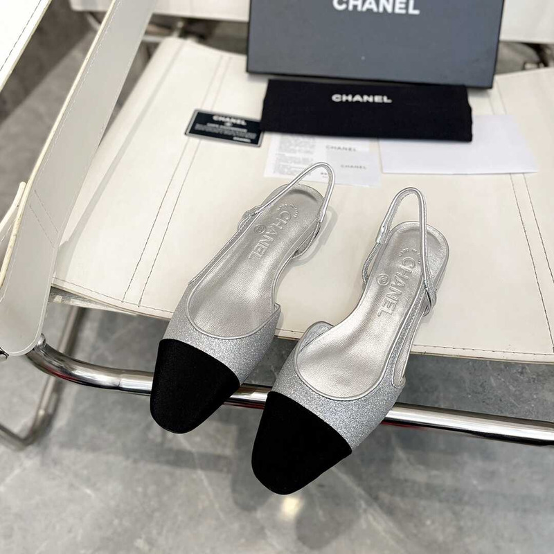 Ch*el strass 20mm slingbacks silver black grosgrain