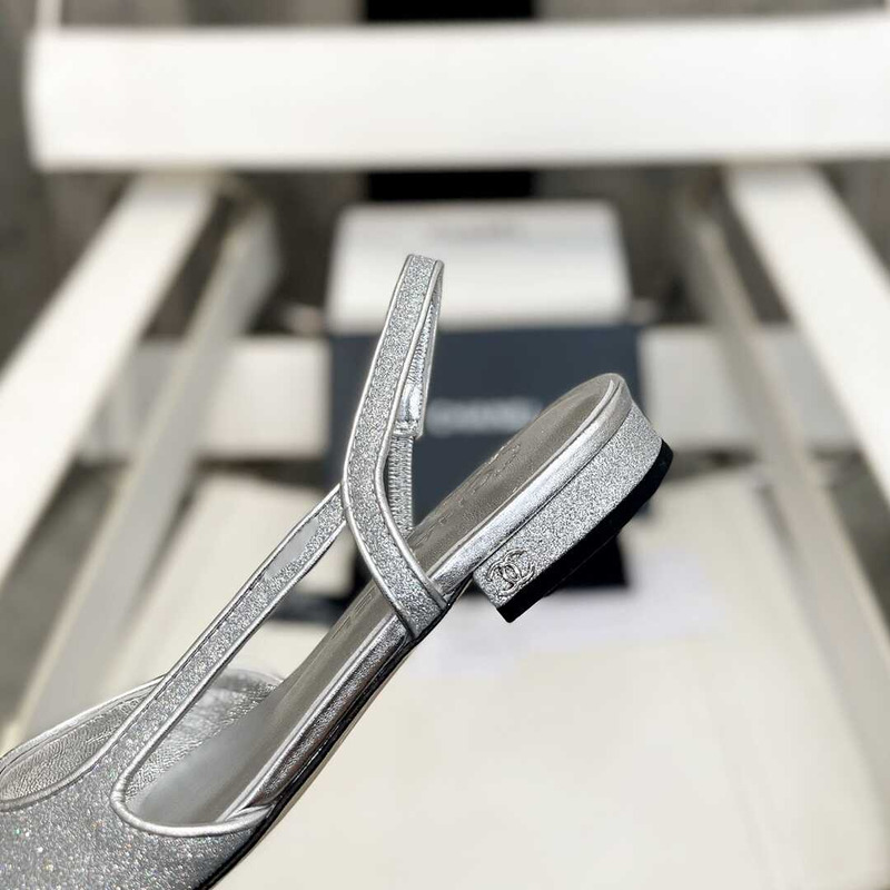 Ch*el strass 20mm slingbacks silver black grosgrain