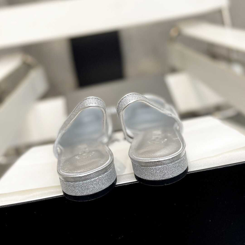 Ch*el strass 20mm slingbacks silver black grosgrain