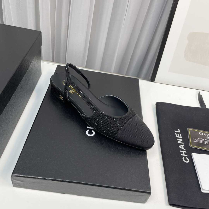 Ch*el strass 20mm slingbacks silver black grosgrain black