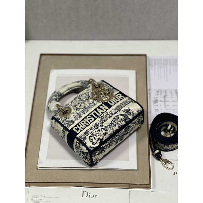 D*or mini lady d-lite bag white and black toile de jouy voyage embroidery