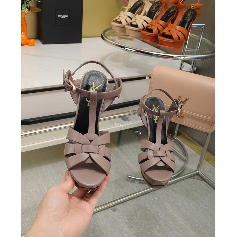 Saint Laurent Tribute Heeled Sandals Leather Grey Red