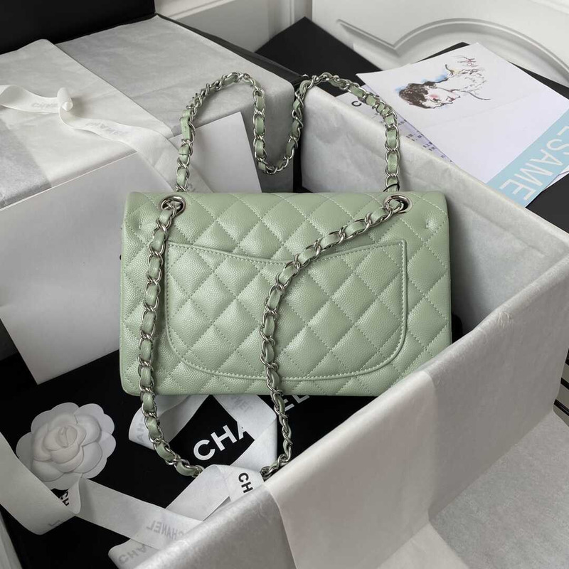 Ch*el classic flap calfskin silver hardware green