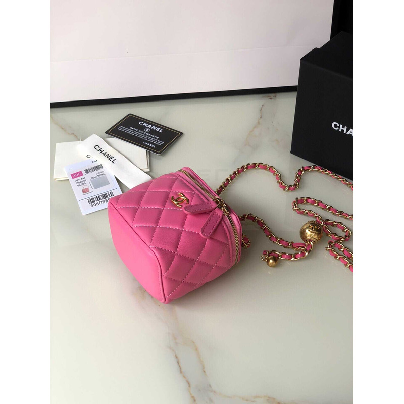 Ch*el lambskin quilted pearl crush mini vanity case with chain pink