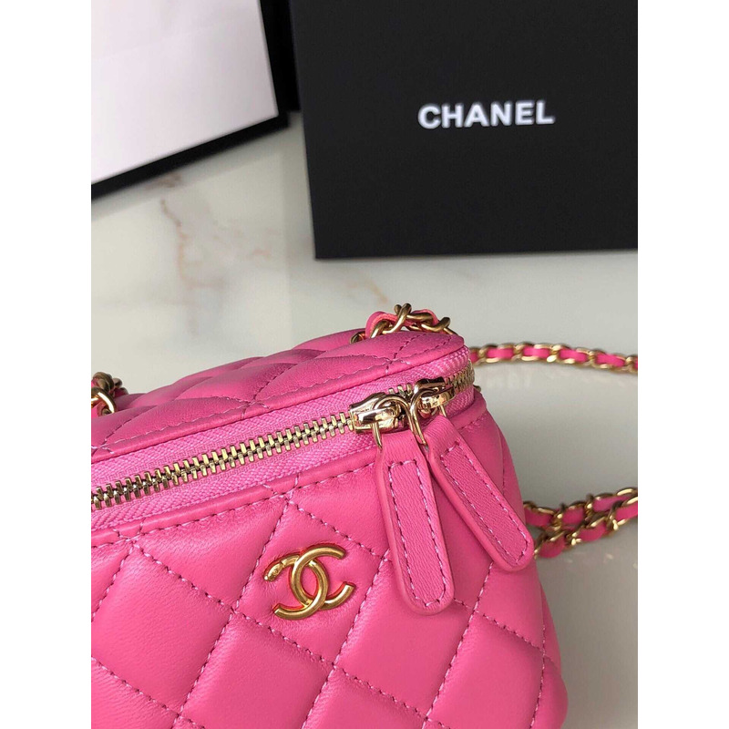 Ch*el lambskin quilted pearl crush mini vanity case with chain pink