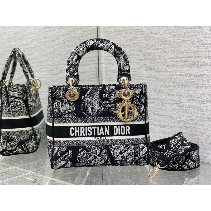D*or medium lady d-lite bag black and white plan de paris embroidery